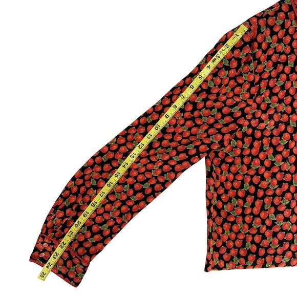 ALICE + OLIVIA Willa Long Sleeve Strawberry Print Silk Button-Up Shirt - Picture 8 of 9